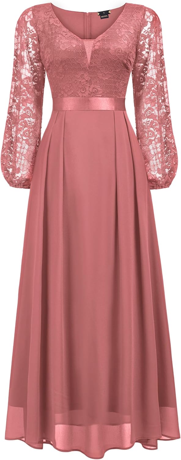 Miusol Women's Wedding Guest A-Line Dress Floral Lace Deep V Neck Long Sleeve Formal Evening Gown - Image 5