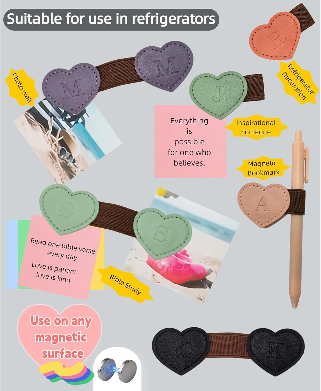 Personalized Magnetic Leather Heart Bookmark with Pen Holder - 26 Letters Custom Book Mark Notebook Pencil Loop with Initial Book Marker for Readers, Book Lovers- Gifts for Women Men(Pink,V) image 5