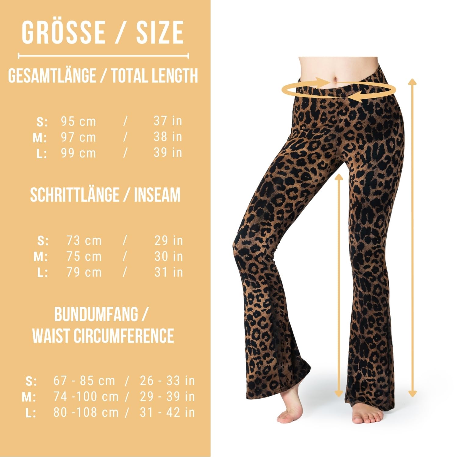 PANASIAM Damskie Legginsy Dzwony - Wzór Lamparta Legginsy sportowe do jogi | Ręcznie farbowany unikat, miękkie i elastyczne, z wysokim stanem do sportu i na co dzień, wiskoza z elastanem, bootcut