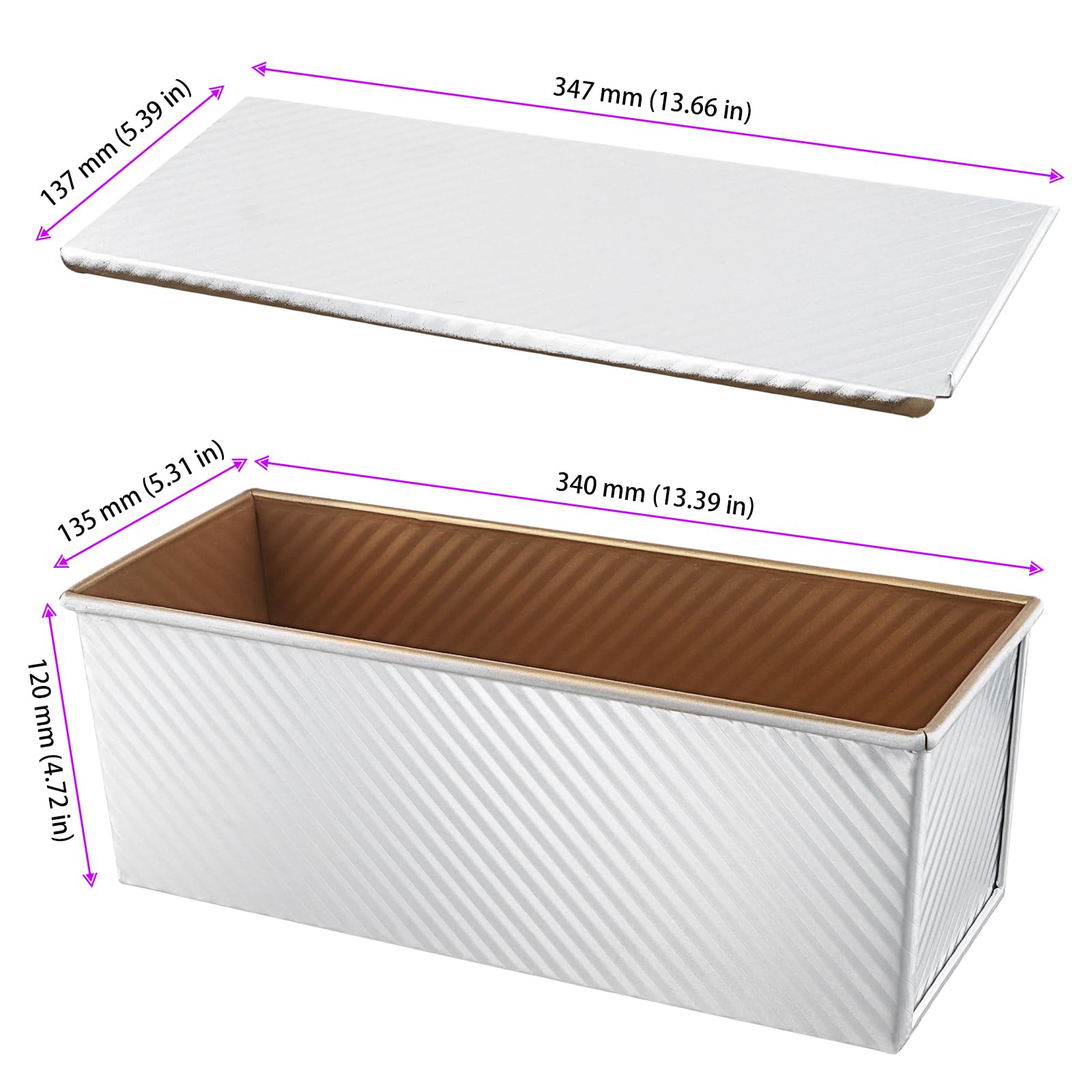 Pullman Moule à pain 34 x 13,5 x 12 cm avec couvercle, 1 000 g, anti-adhésif, en alliage d'aluminium, pour la cuisson du pain, des gâteaux, des desserts, des sandwichs