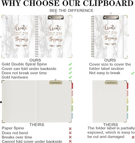 Miniatura 3 de Folio portapapeles con bloc de notas recargable, lindo portapapeles 5 divisores con 10 bolsillos, carpeta portapapeles en espiral con lazo para