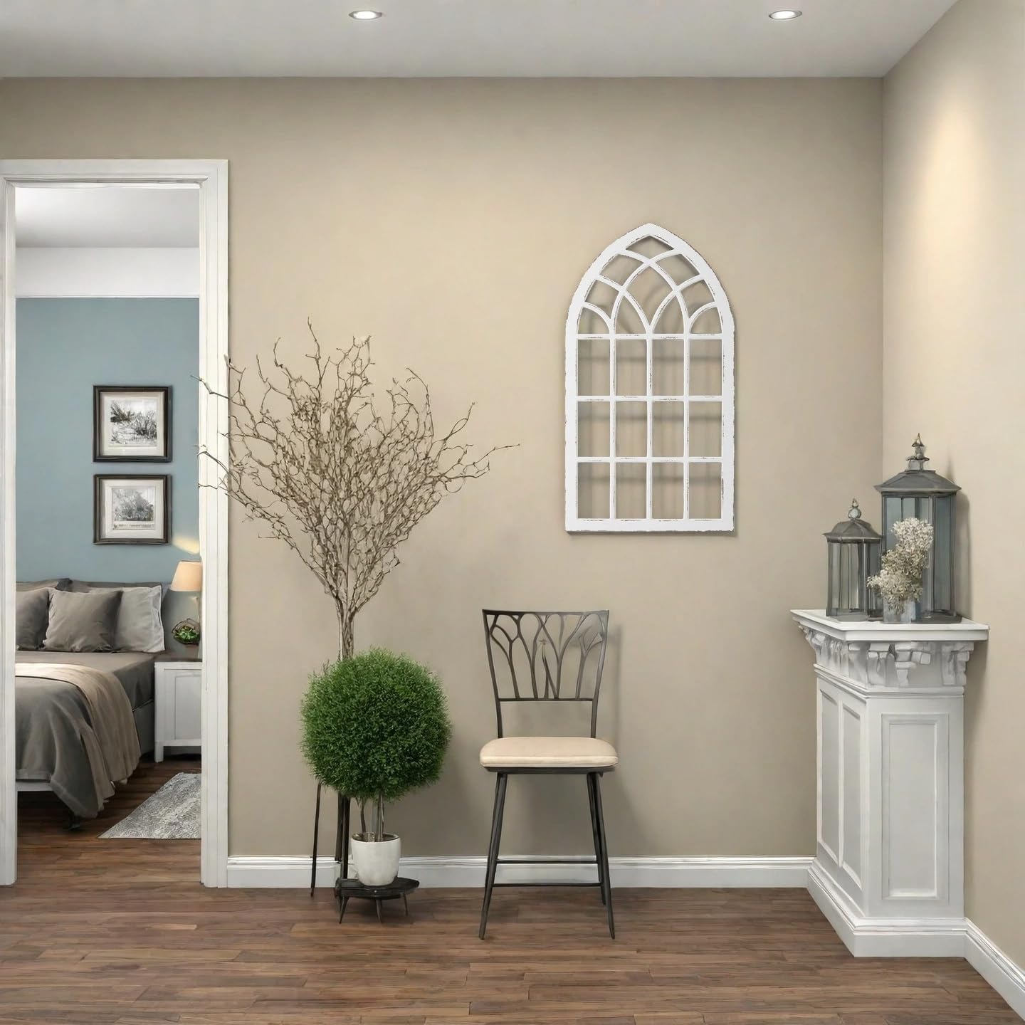 Sintosin Large Farmhouse Arched Window Frame Wall Decor 44 X 24 Inch, Hanging Distressed White Window Pane Wall Decor Living Room, Rustic Wooden Faux Windows for Bedroom Fireplace Entryway