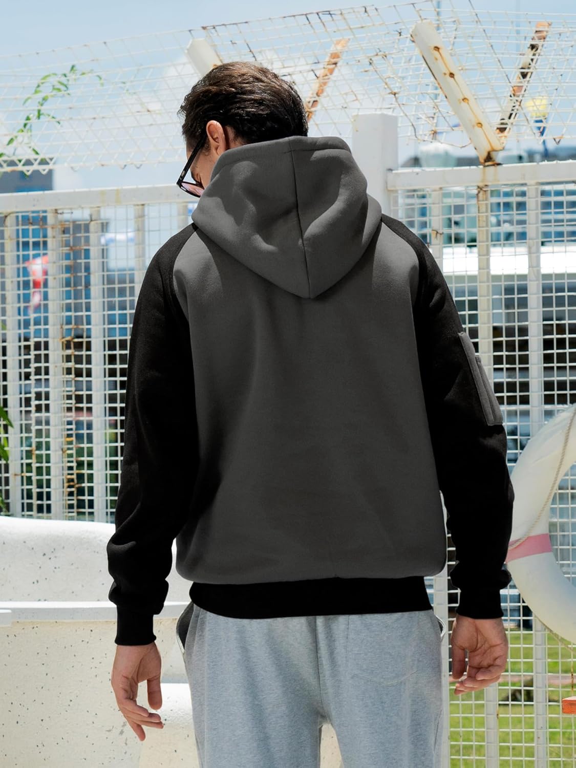 Mens Hoodies Pullover Color Block Long Sleeve Fleece Hooded Sweatshirt - Image 3