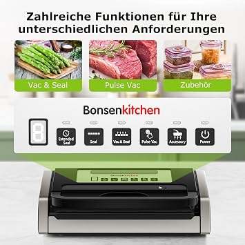 Bonsenkitchen Vacuum Sealer 15L/Min High Performance Test Winner Very Good Sustainability Certification Design with Handle Lock and Integrated Cutter Black