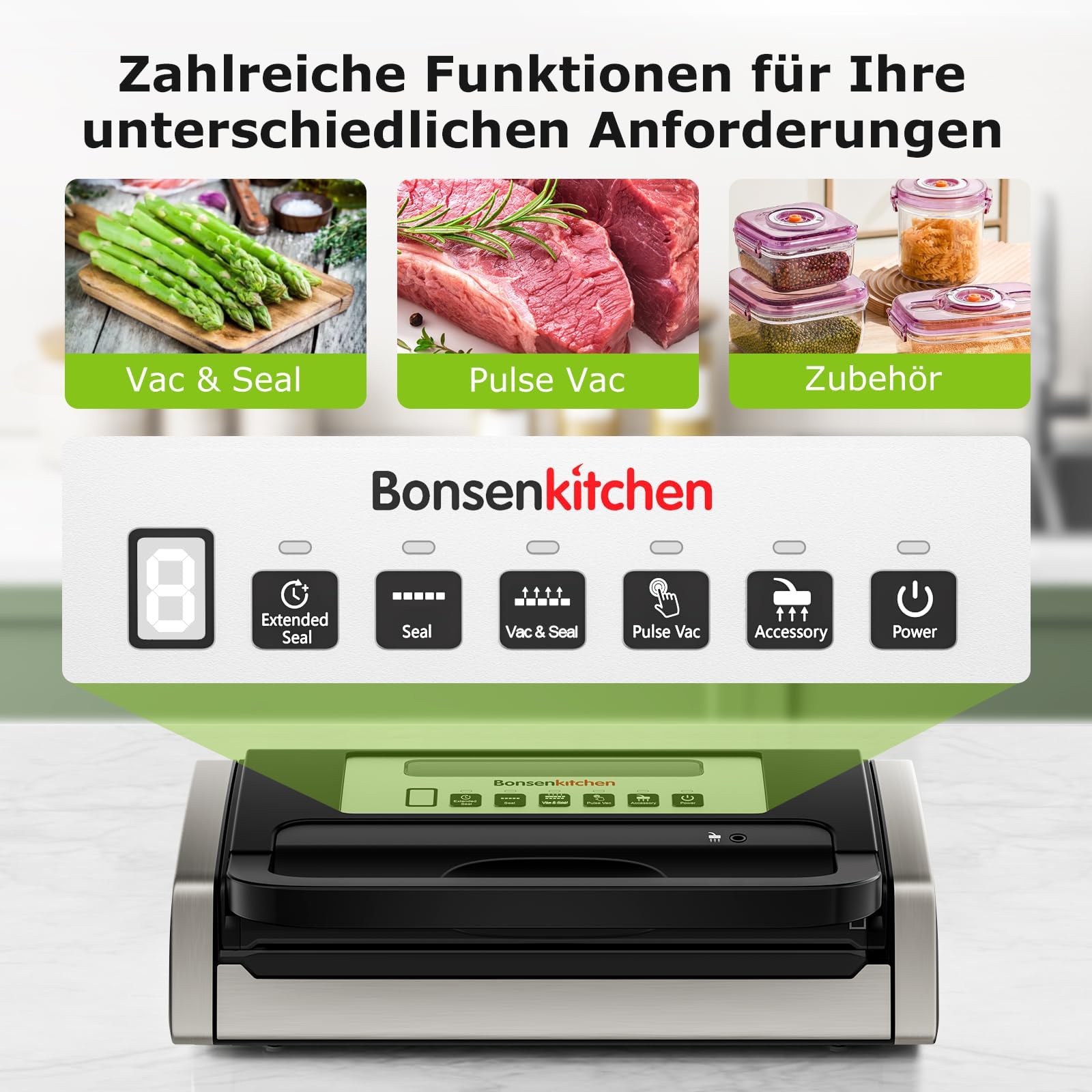 Bonsenkitchen Vakuumiergerät 15L/Min Hochleistung Testsieger Sehr Gut Design mit Griffverriegelung und Integrierter Schneider Schwarz