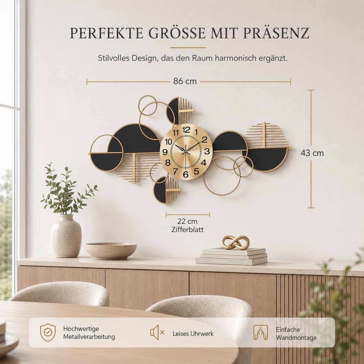 Große Wanduhr aus Metall,Schwarz,Geometrisches Design,86 x 43 cm | Drehbares Zifferblatt mit 22 cm Durchmesser,für Vertikale Oder Horizontale Wandmontage,Inklusive Montagezubehör