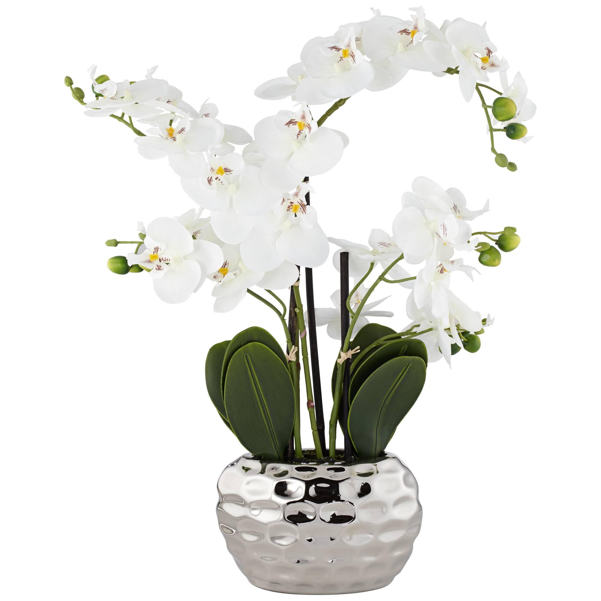 Dahlia Studios Potted Faux Artificial Flowers Arrangements Realistic White Phalaenopsis Orchid in Silver Pot Home Decoration Living Room Office Bedroom Bathroom Kitchen Dining Room 23" High