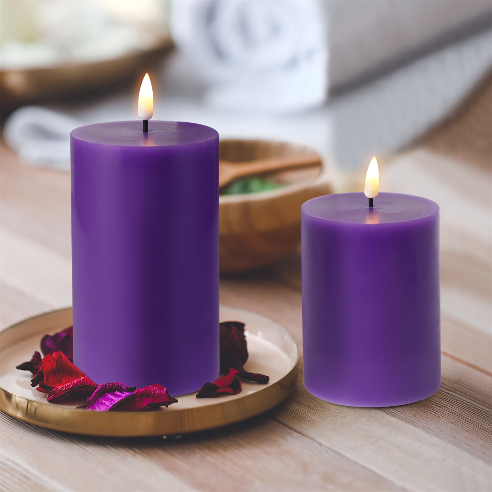 Velas de pilar sin llama púrpura con control remoto, velas LED parpadeantes de cera real que funcionan con pilas Φ 3 pulgadas de alto 4 pulgadas 5 pulgadas 6 pulgadas