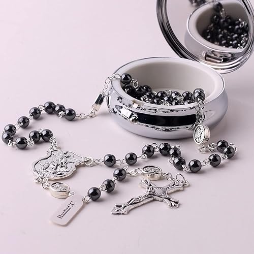 Miniatura 4 de HanlinCC Collar de rosario de cuentas de piedra negra de hematita de San Miguel Arcángel con caja de regalo de metal para hombre Hematita No es una
