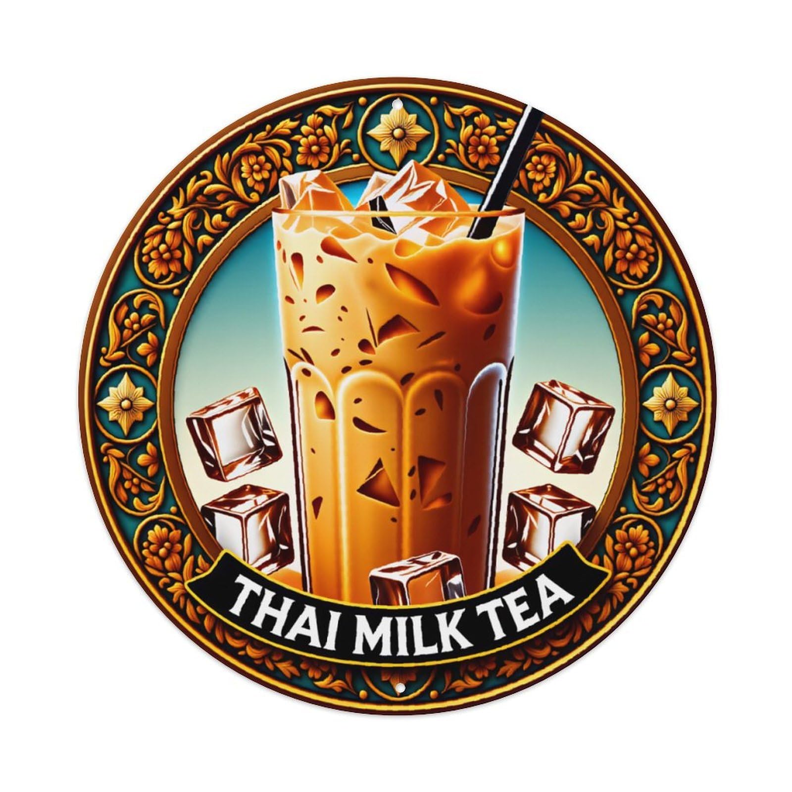 Vintage Ornate Floral Frame Thai Iced Milk Tea Round Tin Sign Vintage Aluminium Metal Sign, Retro Wall Decor for Home, Bar, Garage & Farmhouse 20x20cm