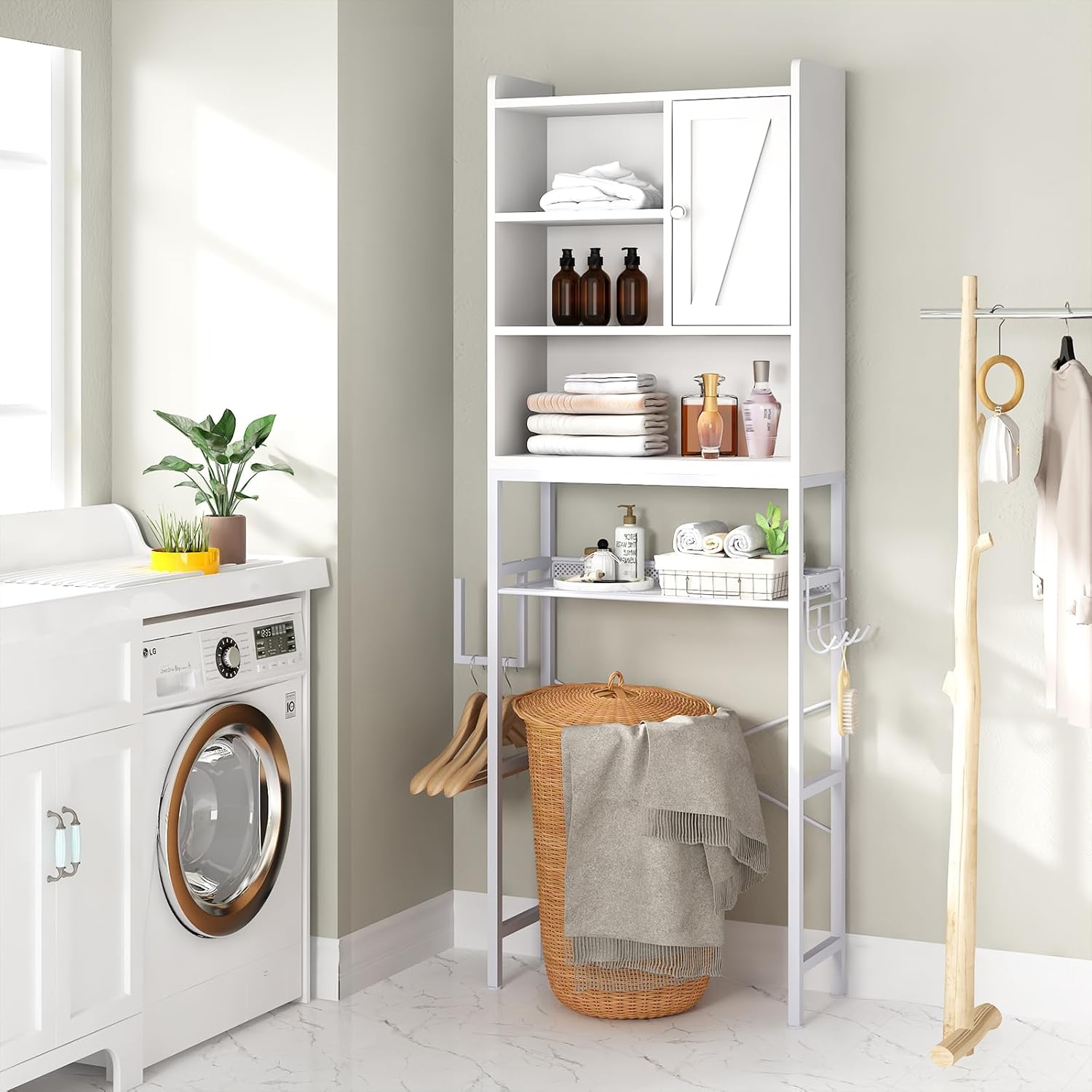 Lamerge Over The Toilet Storage Cabinet, Freestanding Bathroom Organizer with Adjustable Shelf, Paper Hook, Space Saver, Open Storage, White