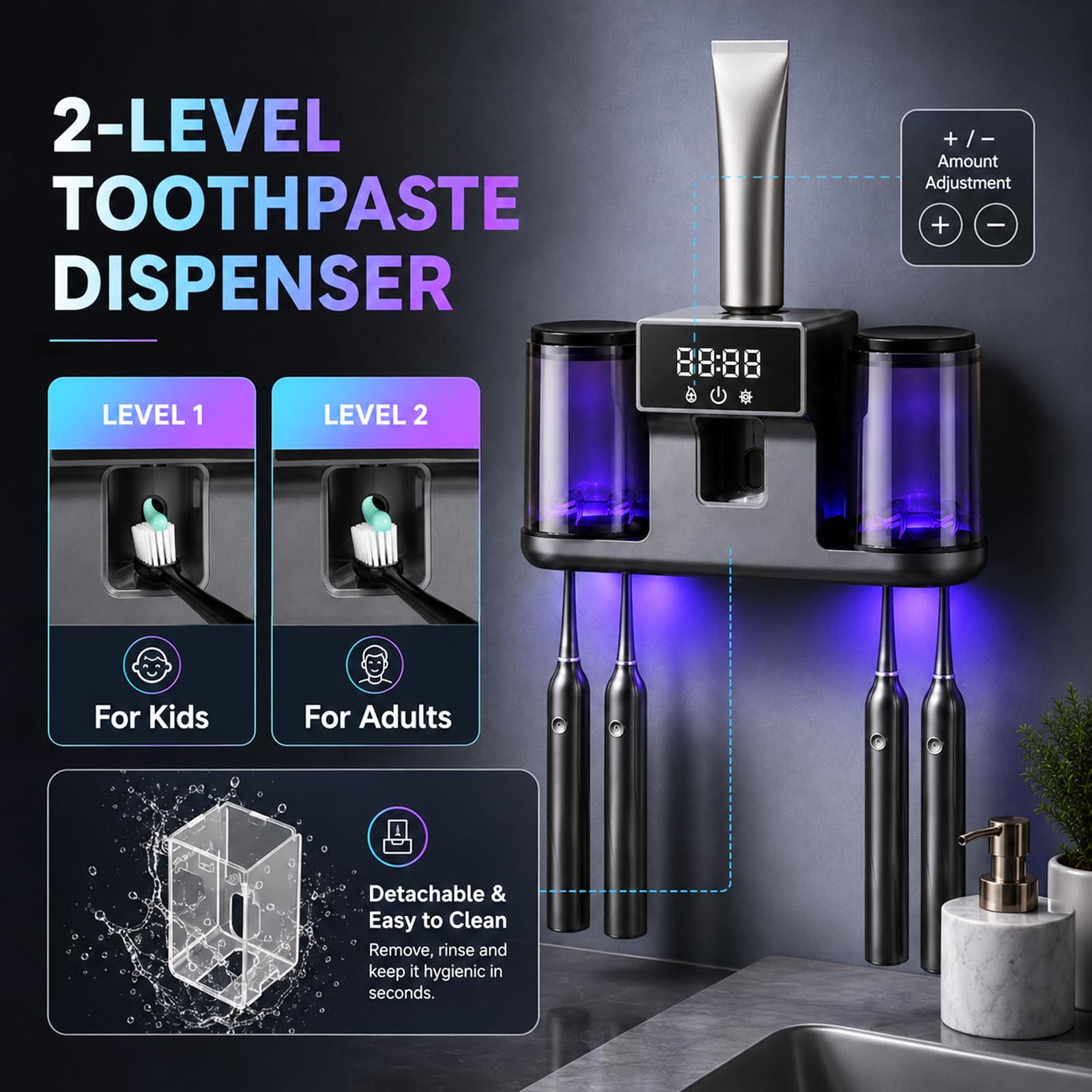 Soporte para cepillo de dientes montado en la pared con 2 vasos, caja de limpieza inteligente con limpieza y secado, dispensador de pasta de dientes eléctrico con 4 ranuras para cepillos de dientes