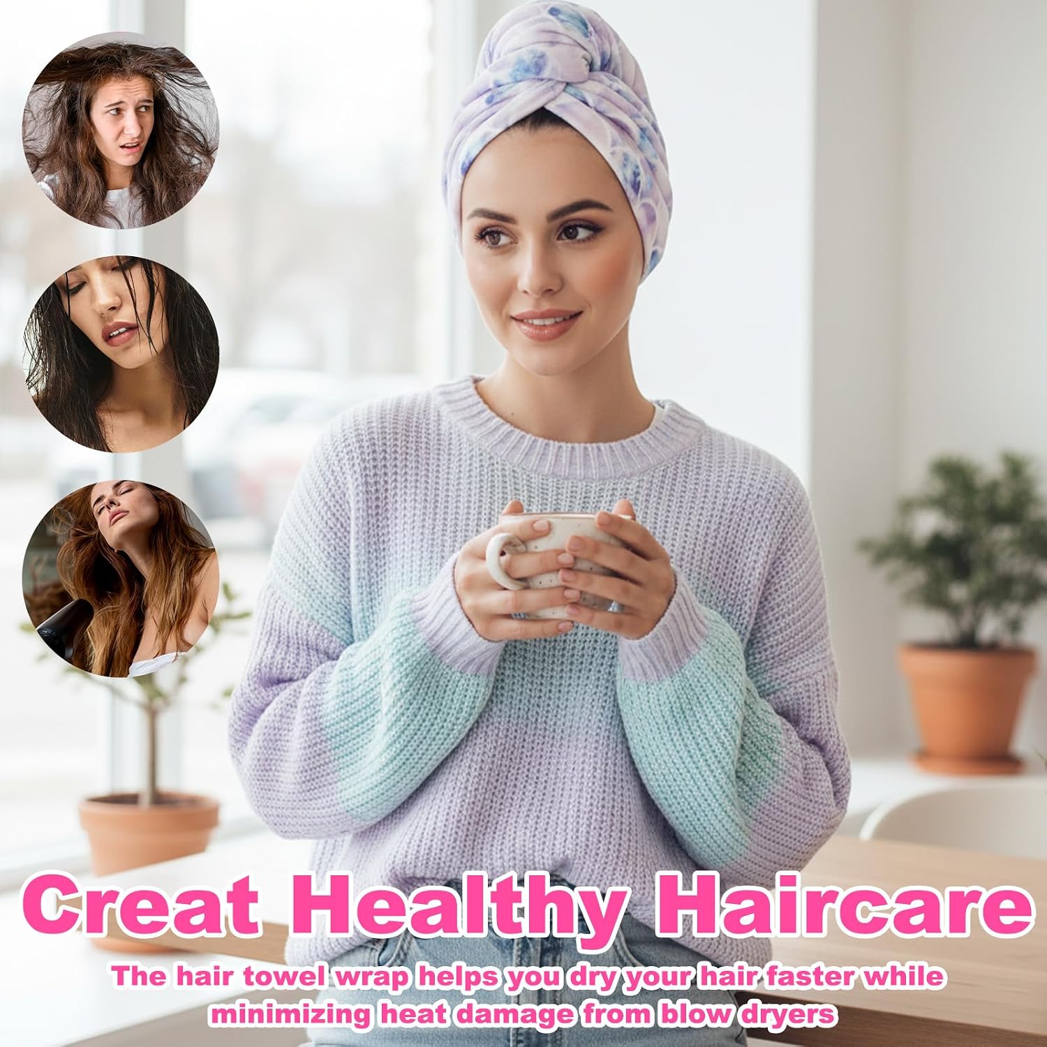 2 Pcs Microfiber Hair Towel Wrap for Women Girl Soft Absorbent Fast Drying Turbans Anti-Frizz Hair Wrap Towels with Elastic Strap for Long Short Curly Thick Wet Hair