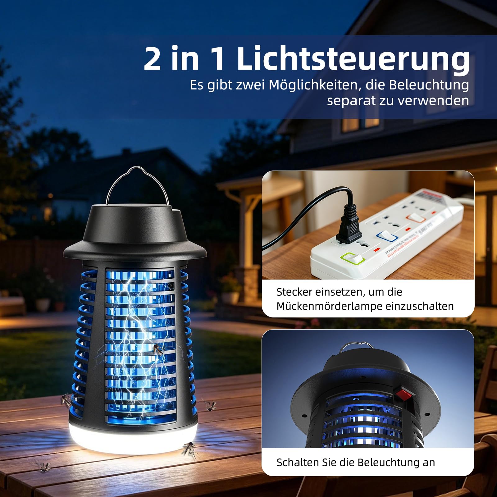 Insektenvernichter Elektrisch, leistungsstarke 4250V Hochspannung Fliegenfalle Elektrisch, effektives 20W UV Licht Mückenfalle, mit LED Basisbeleuchtung, IPX4 Wasserdicht für Innen und Außen
