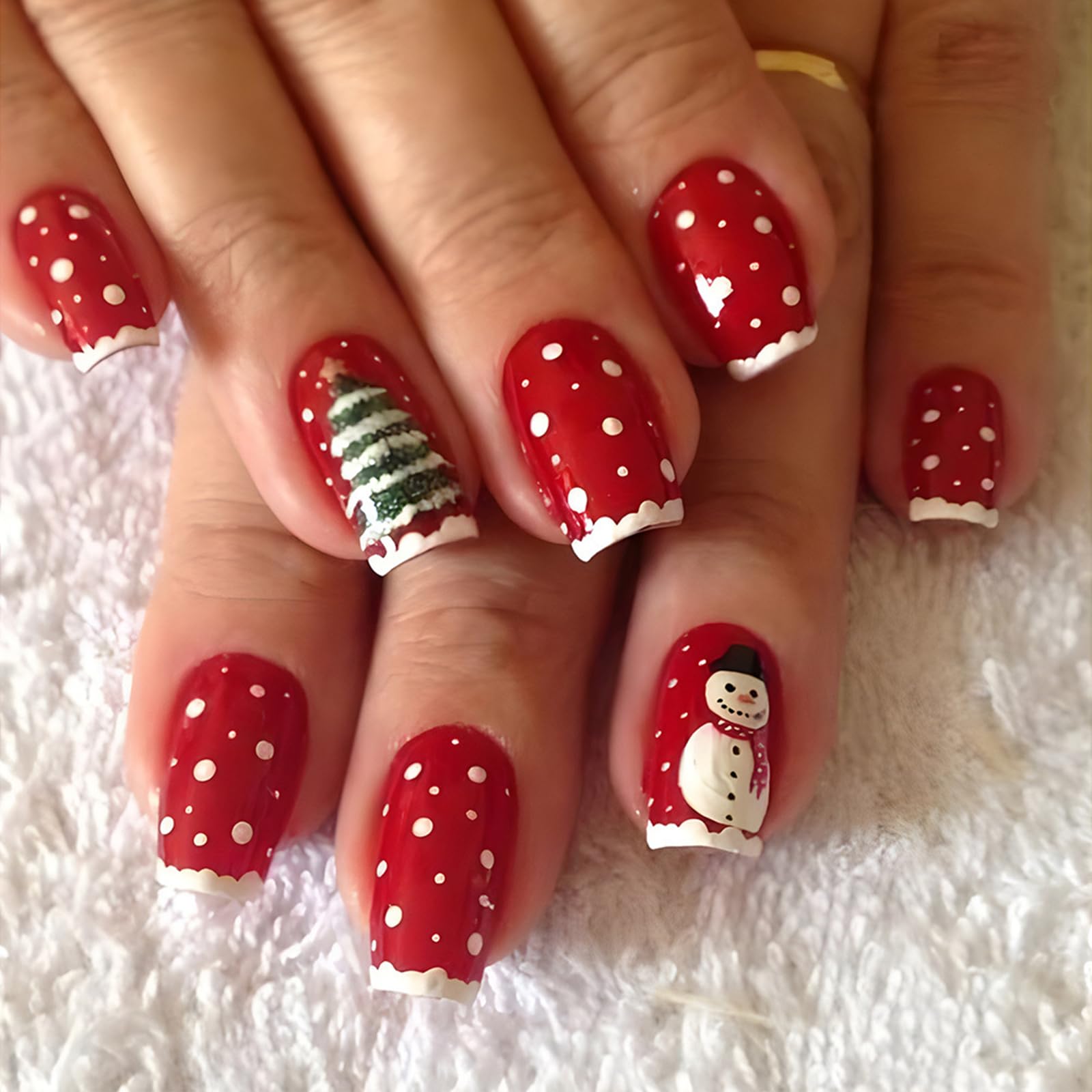 Christmas Press on Nails Short Square Fake Nails Red False Nails with Designs Christmas Tree Snowflake Snowman Glue on Nail Full Cover Acrylic Nails