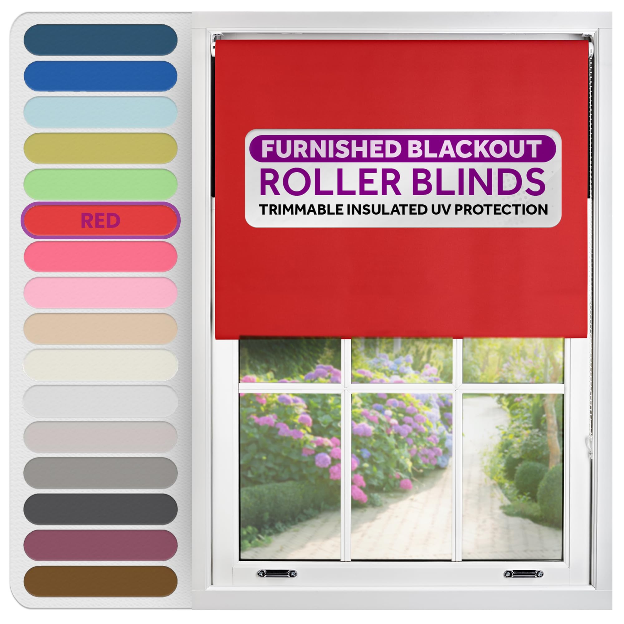 FURNISHED Roller Blinds Thermal Blackout Roller Blind - Trimmable Insulated UV Protection Child Safe Easy Fit Home Office Window Blinds, Red, 45 cm Wide x 165 cm Long
