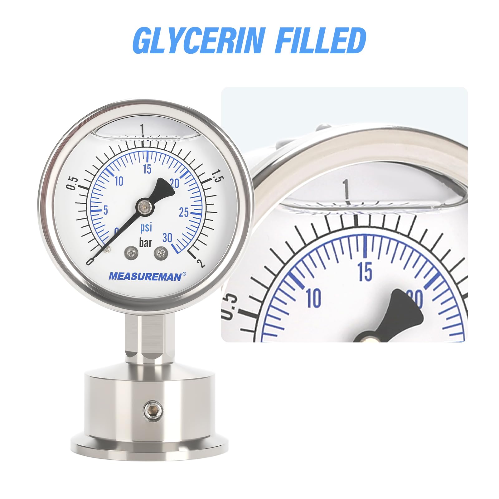 Hygienisches Manometer, glycerinbefüllt, 0-2bar/psi, Brauerei, Lebensmittel und Pharmabranche