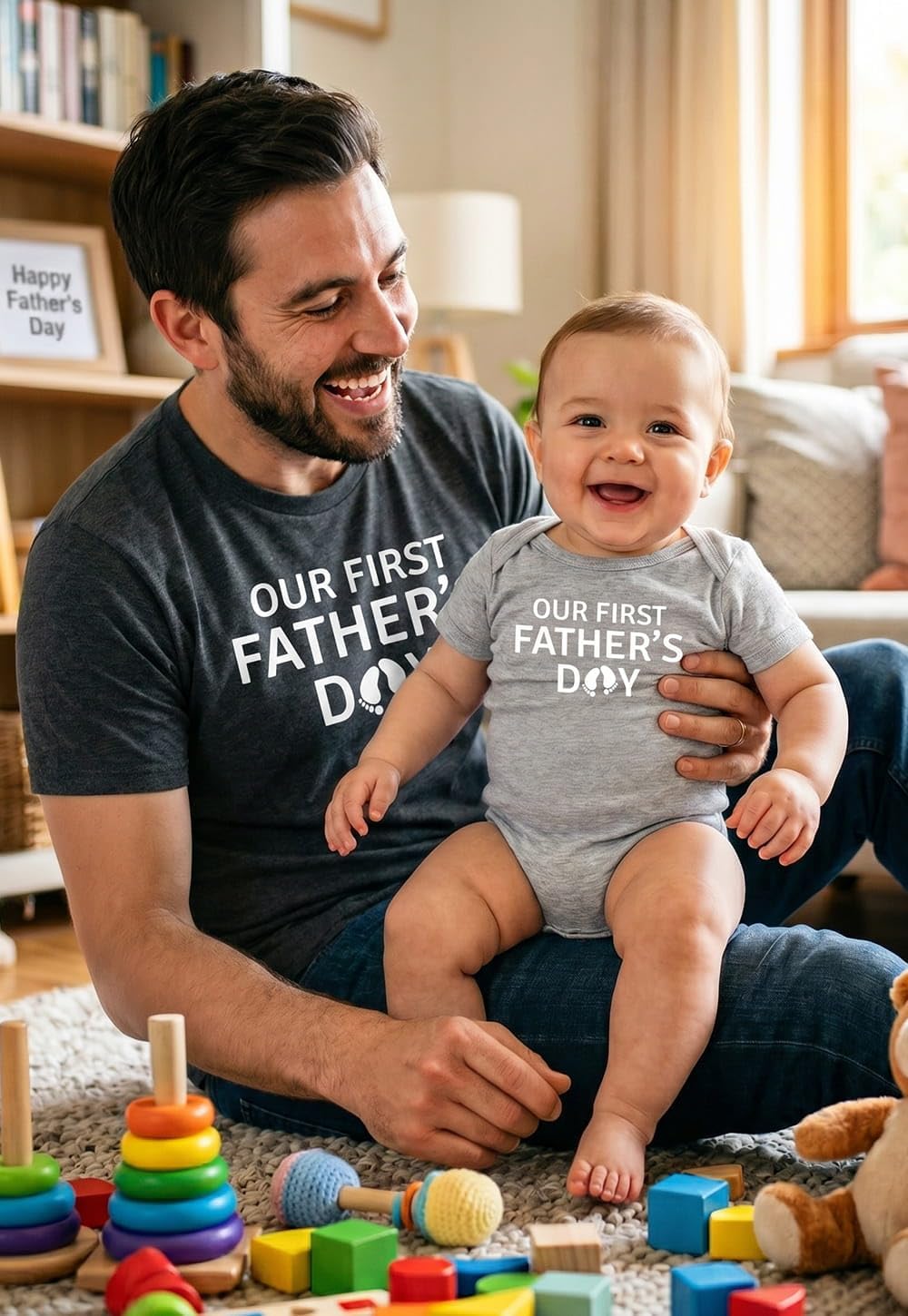 Tstars Our First Father's Day Dad and Baby Matching Shirts - New Dad Gift Set with Men's Tee and Infant Bodysuit