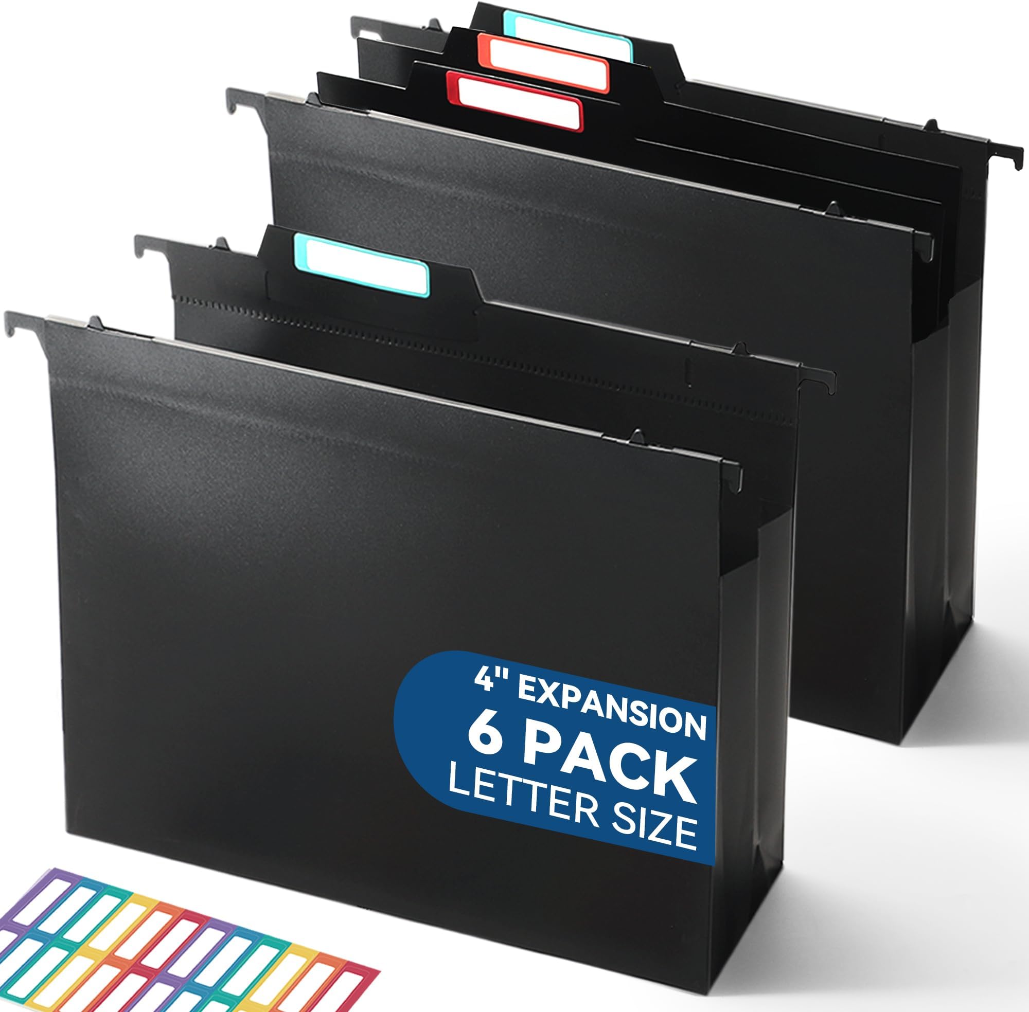Plastic High Capacity Hanging File Folders, 4" Expansion for Bulky Documents, Side-Sealed Accordion Pocket, Supports Heavy Files, Letter Size, Movable Dividers, Insertable Tabs, 6 Pack