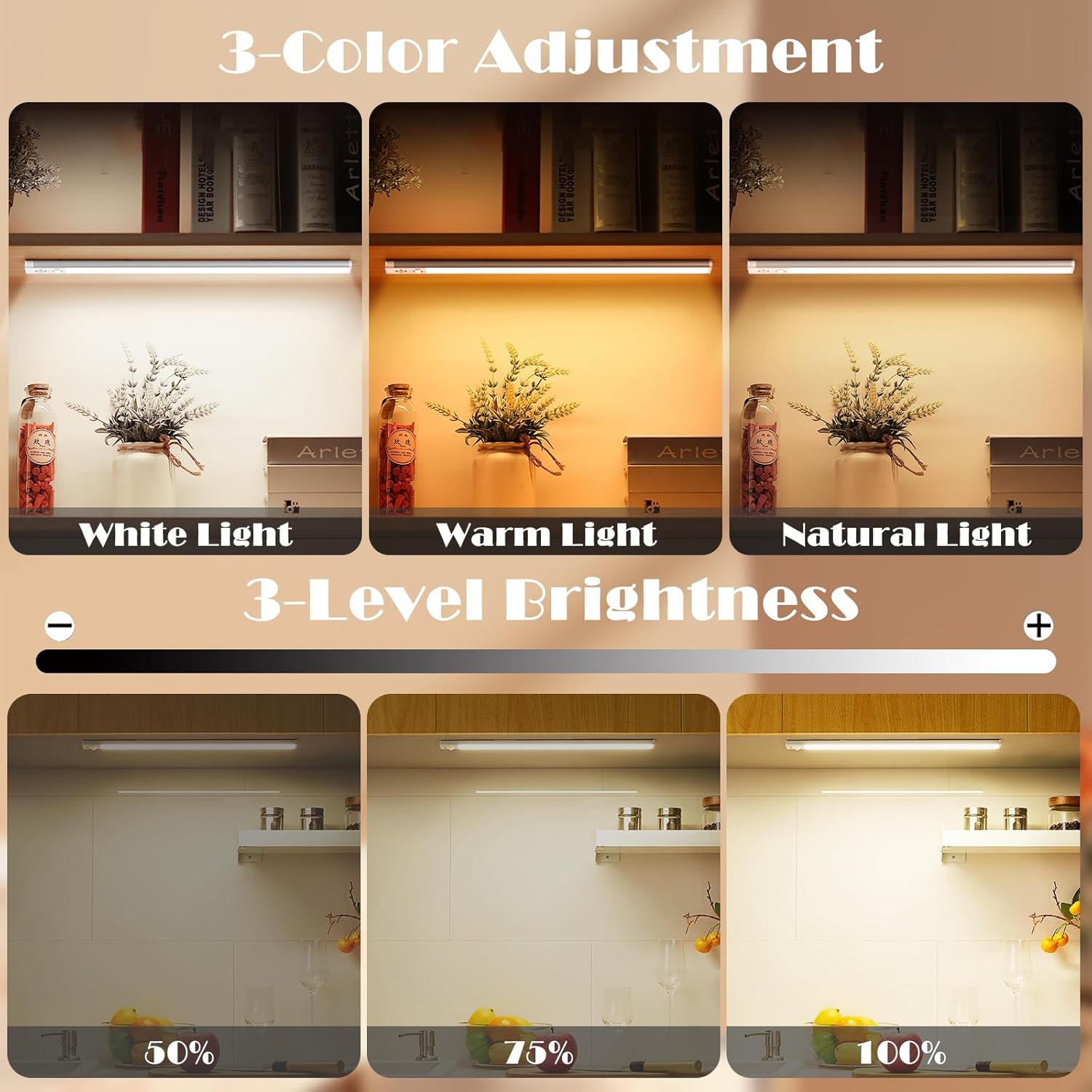 Under Cabinet Lights 2 Pack,128 LED Rechargeable Battery Operated Motion Sensor Light Indoor, Magnetic Dimmable Closet Lights, Wireless Under Counter Lights for Kitchen, Stairs (Silver)