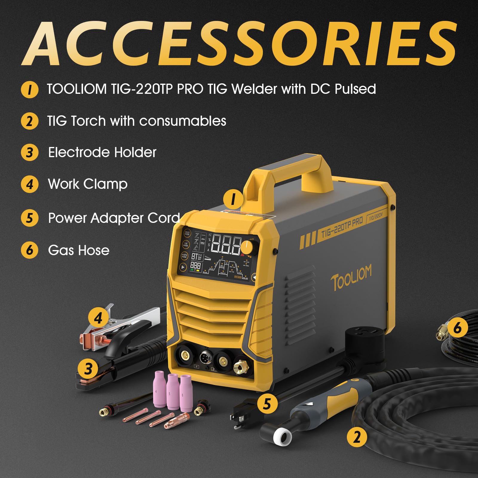 TOOLIOM Soldador TIG frío 7 en 1 de 220 A, 110/220 V, voltaje dual | Pantalla digital grande, repetición 2T/4T/4T, pedal opcional de 5 pines
