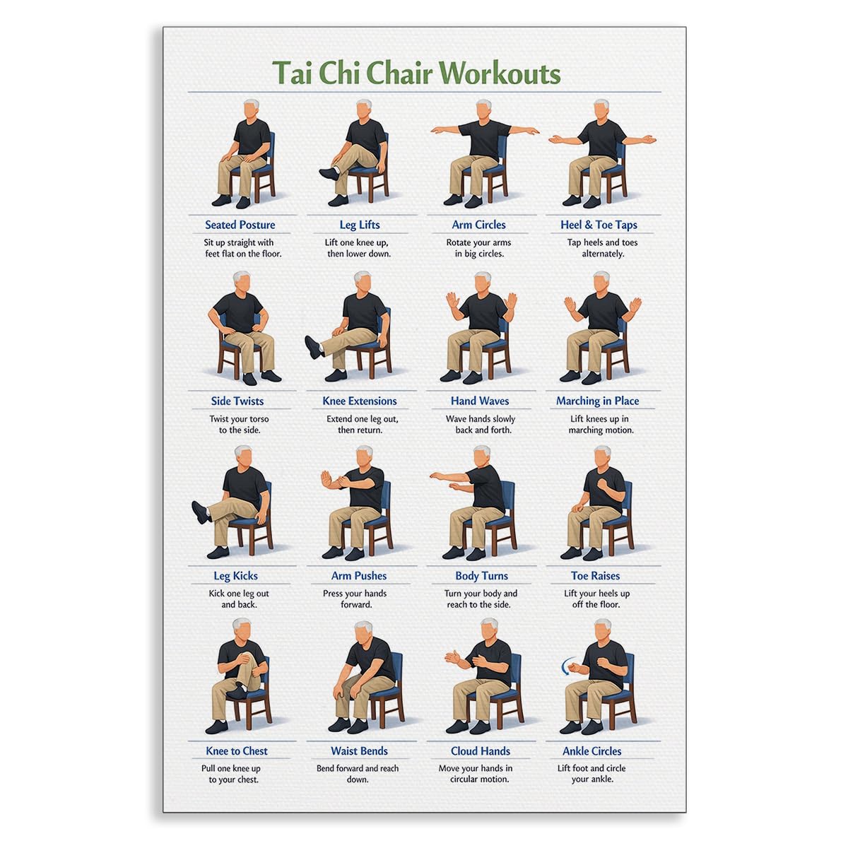 Anslipswar Tai Chi Chair Workout Chart Poster, Seated Exercises for Beginners and Seniors Canvas Wall Art, Adult Home Fitness Guide Wall Decor, Daily Slow Flow Exercise for Gym 12x16in Unframed