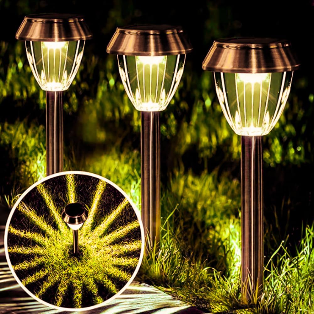 Vintage Solar Lights Outdoor, Glass & Metal Solar Pathway Lights 4 Pack, IP65 Waterproof, Warm White Garden Lights for Walkway, Yard, Patio, Driveway