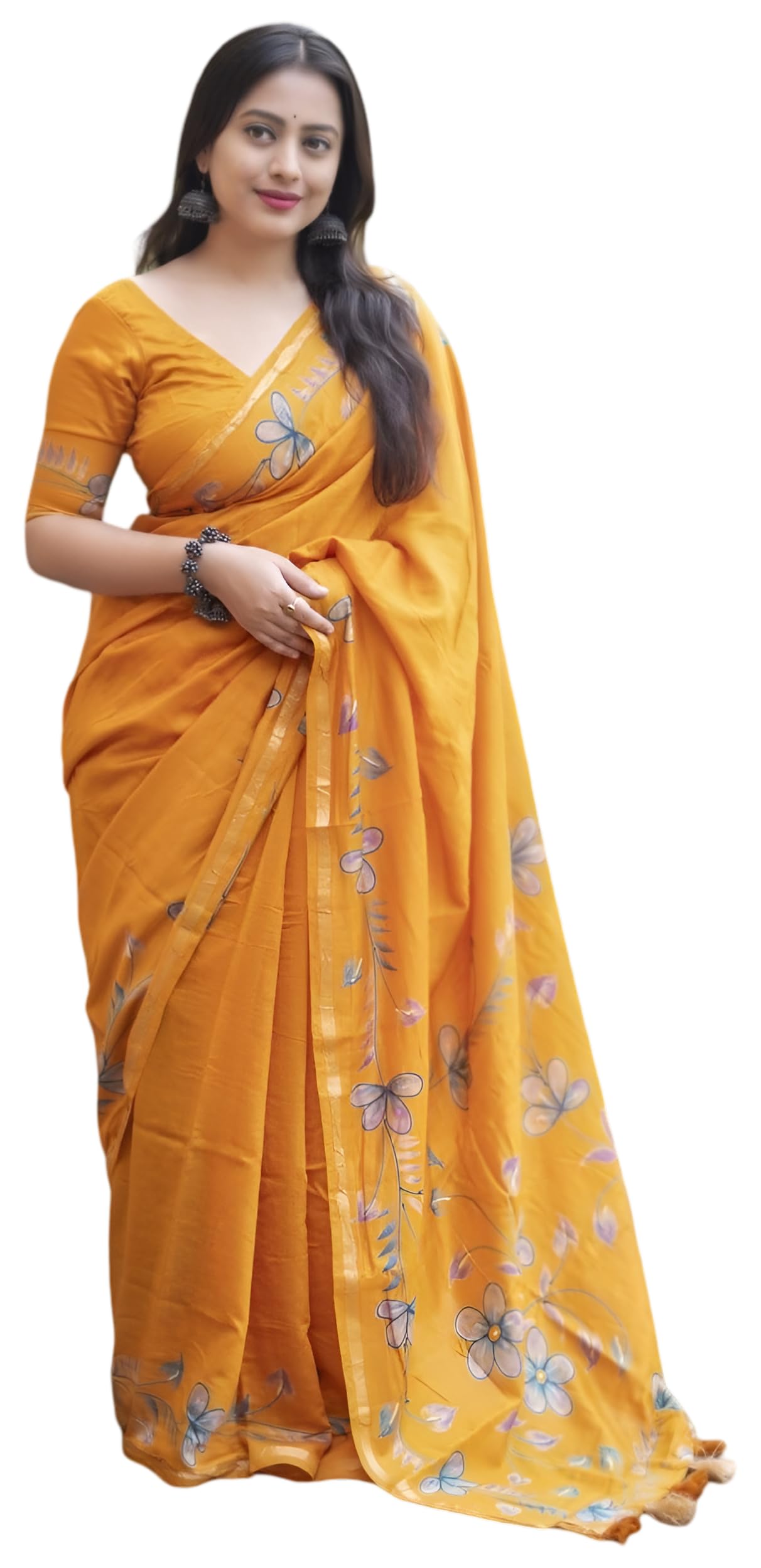 Women's hand painted floral design zari pattu border pure chanderi cotton saree with blouse-image-47