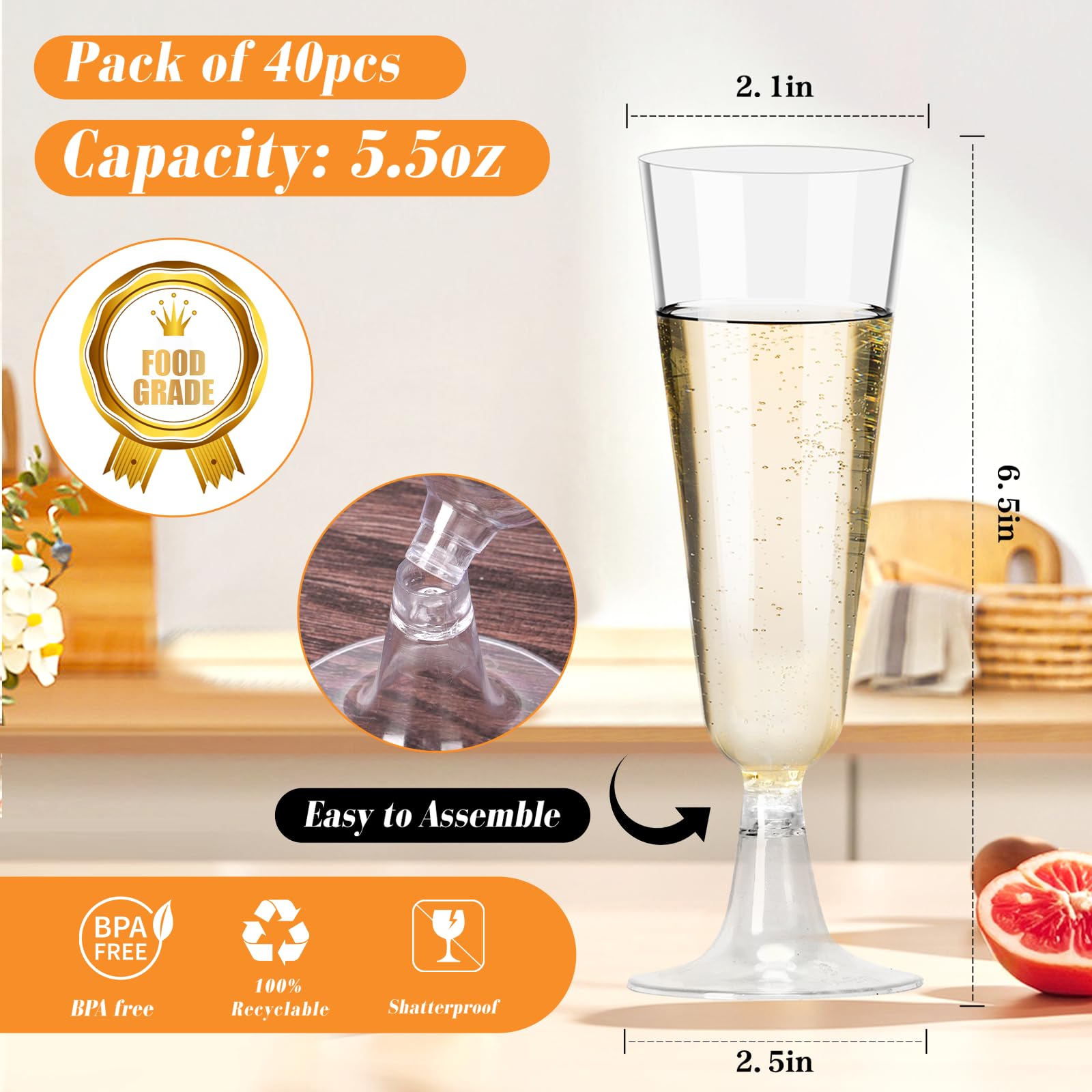 Plastic Champagne Flutes 40 Pack, 5.5 Oz Clear Disposable Plastic Champagne Glasses, Wine Glasses Cups for Wedding Celebration Birthday Party Wine Tasting New Years Eve Party Supplies