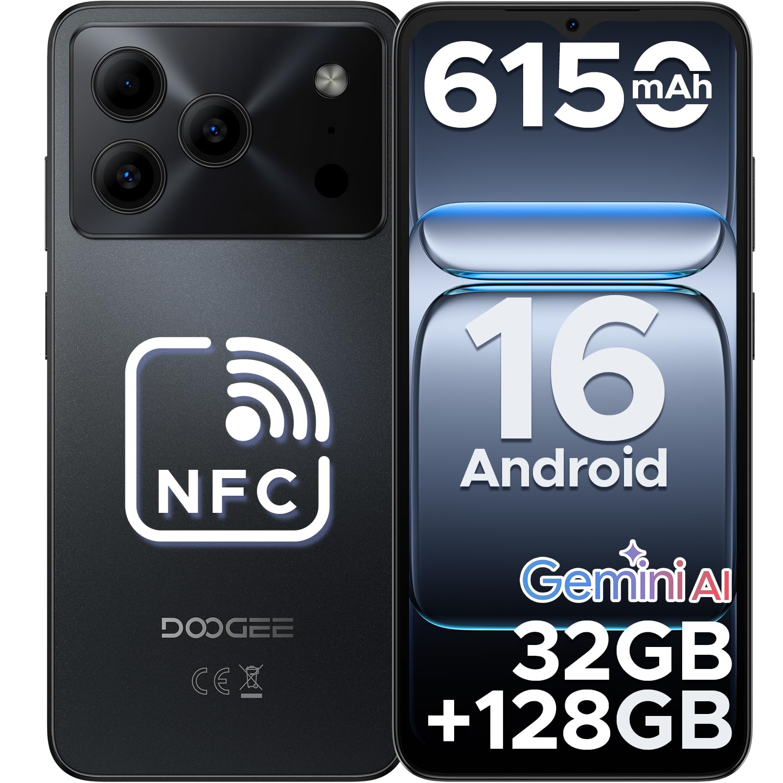 Note56 Pro Téléphone Portable Pas Cher Android 16, 6150 mAh Smartphone 32Go+128 Go/2 to TF, écran HD+ IPS 6,56" 90Hz,13 MP + 8 MP Telephone, 4G Dual SIM, OTG/NFC/Face ID/3.5mm Jack/GPS
