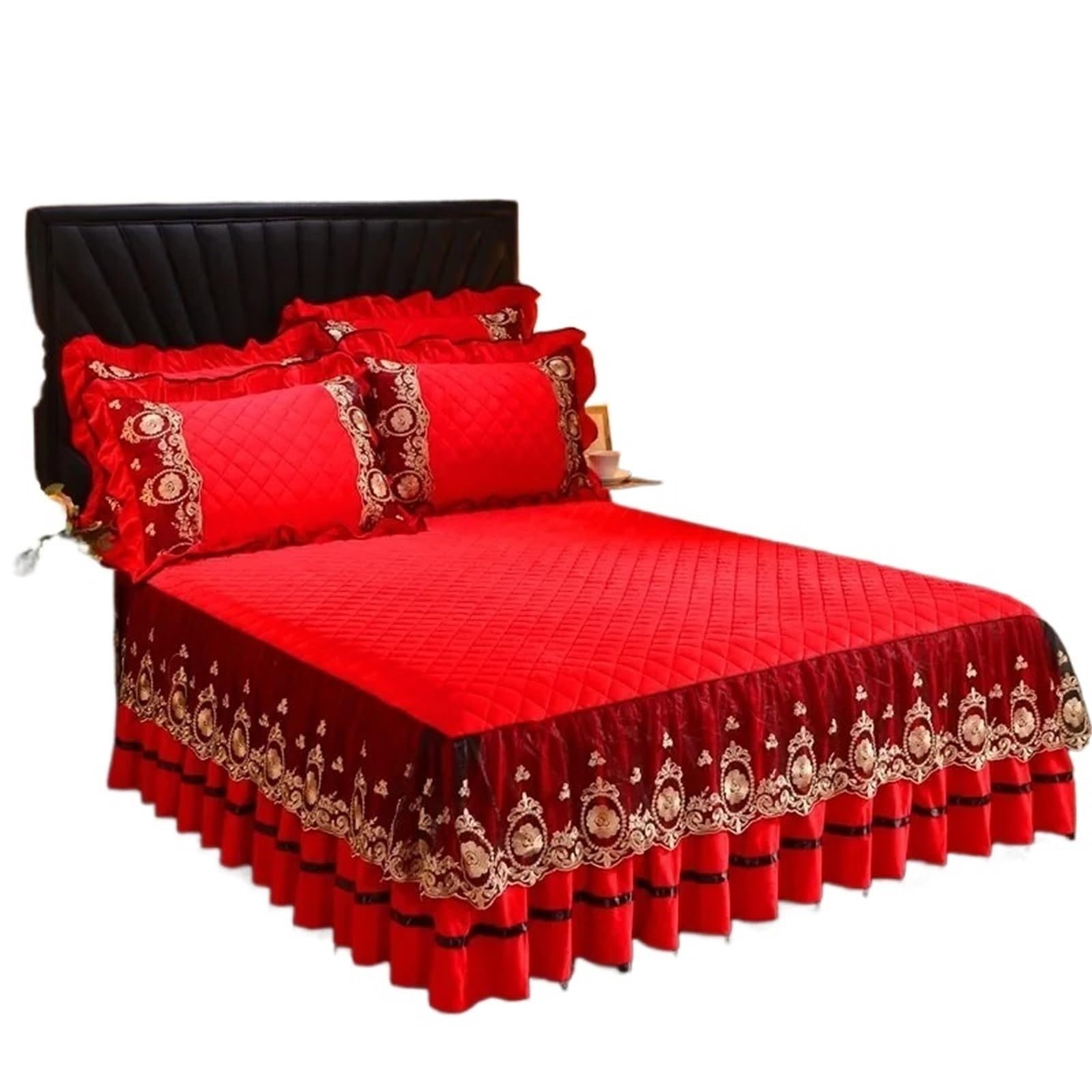 Lace Bed Skirt Bedspreads Bedding Thicken Velvet Plush Quilted Embossing Spread For Home(Color-05,2 Pillowcase 48x74cm)