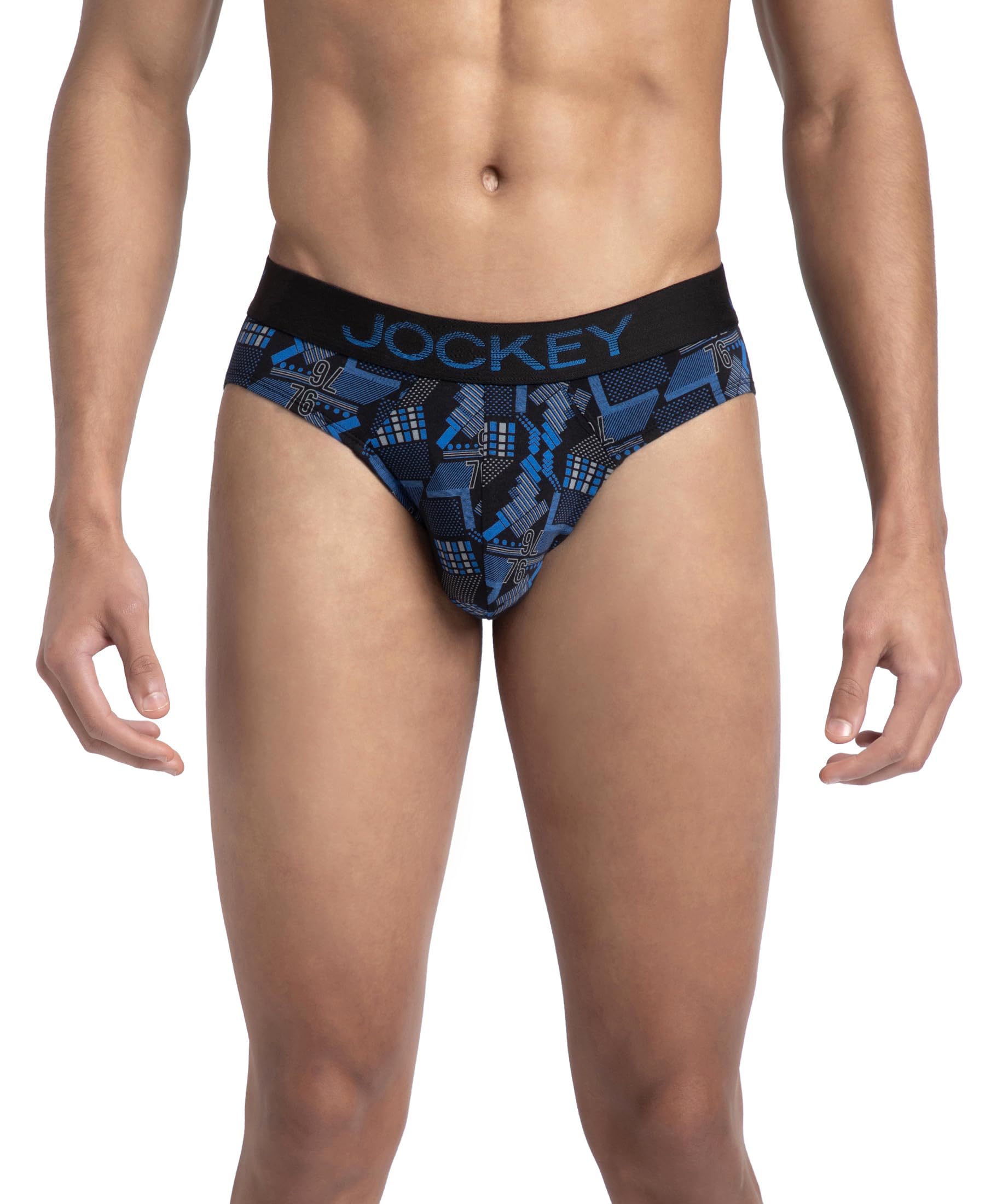 JockeyFP22 Men's Super Combed Cotton Elastane Stretch Printed Brief with Ultrasoft Waistband (Prints May Vary)_Black & Blue_S