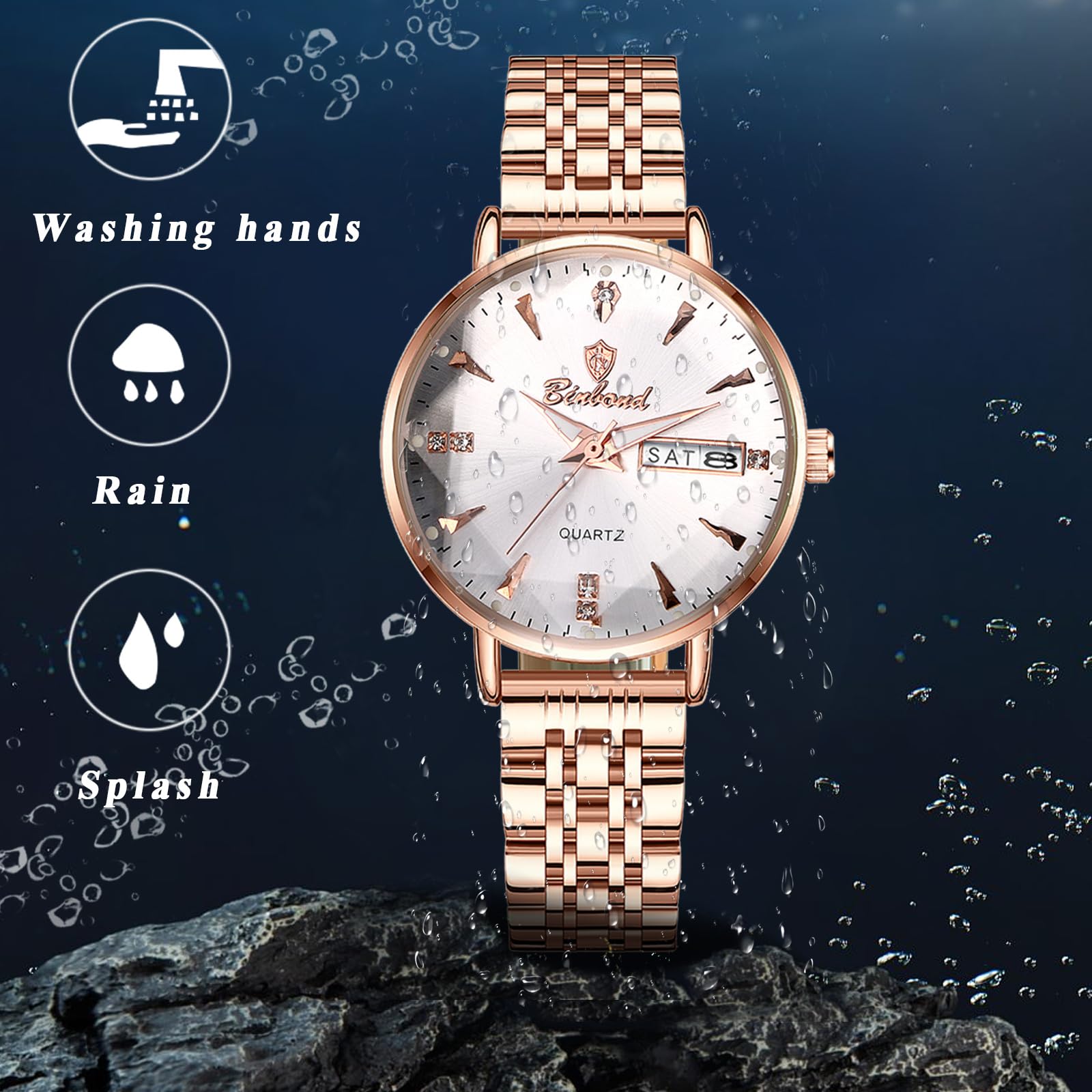 JewelryWe Zegarek damski ze stali nierdzewnej, świecący zegarek: 2 sztuki, 30, wodoszczelny, analogowy, kwarcowy, damski, różowe złoto, stal szlachetna, luksusowy zegarek z fasetowanym szkłem