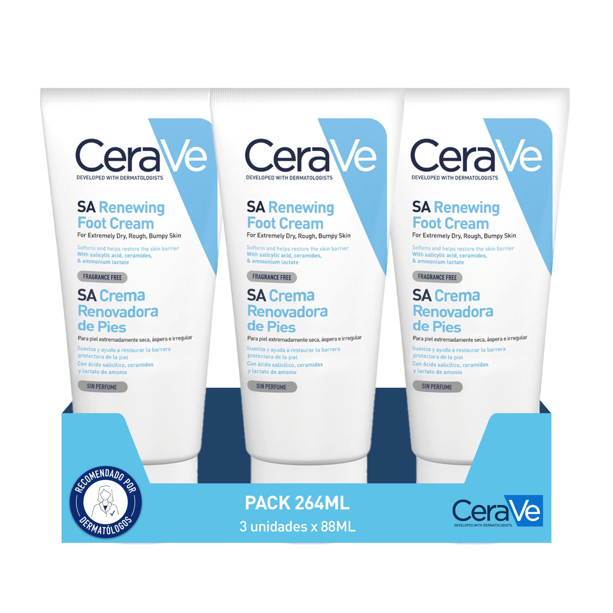 CeraVe SA Crema de Pies Renovadora 3x 88 ml, Para Pies Extremadamente Secos, Ásperos e Irritados, Exfolia e Hidrata Intensamente, Con Ácido Salicílico, 3 Ceramidas Esenciales y Lactato de Amonio.