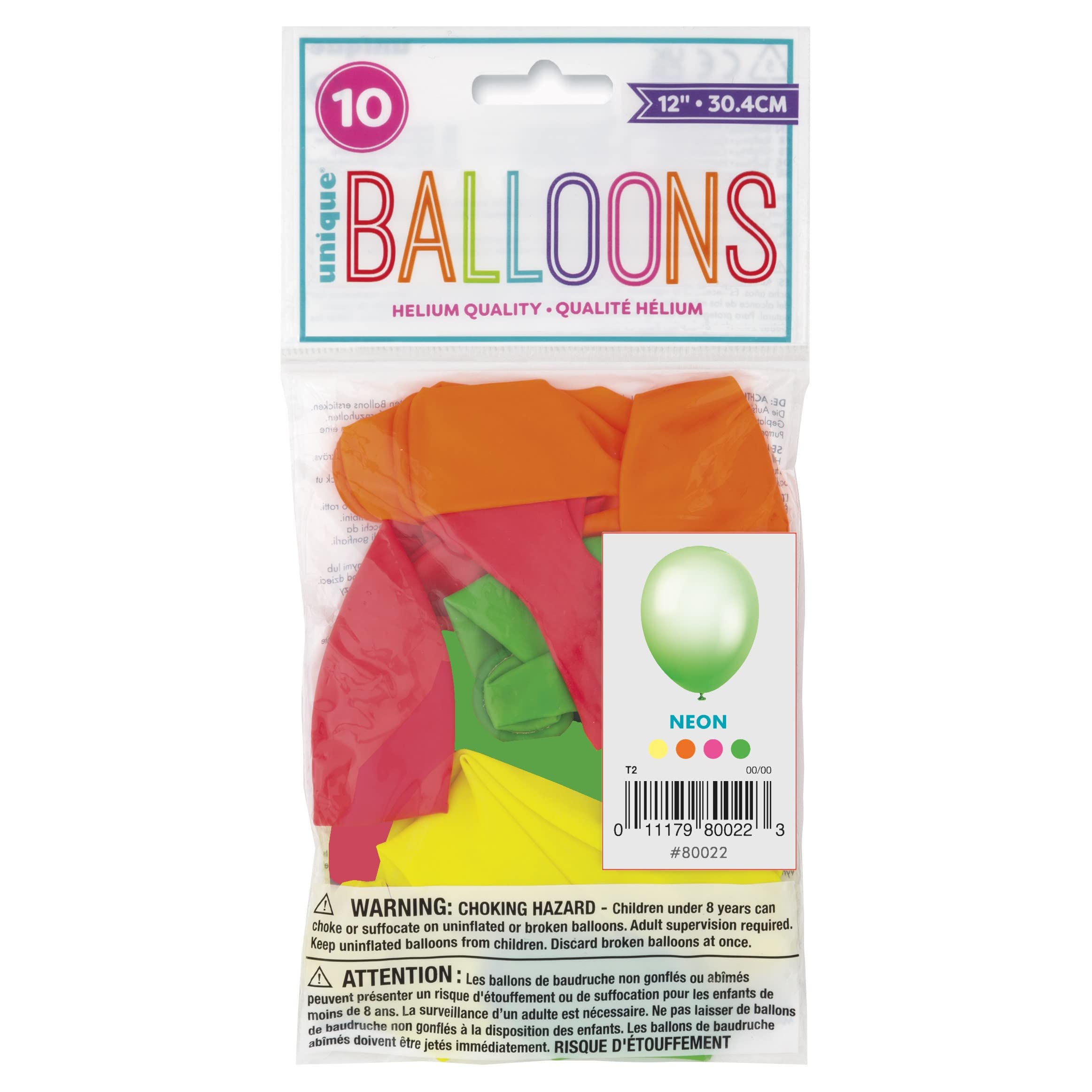 Unique 80022 Latex Balloons-30 cm-Assorted Neon Colours-10 Count (Pack of 1), Multicolour