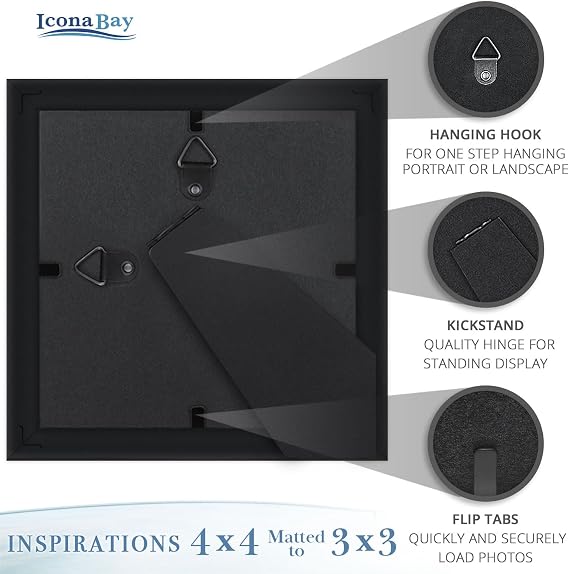 4x4 Picture Frames with 3x3 Mat, Black, 6 Pack, Contemporary, Inspirations