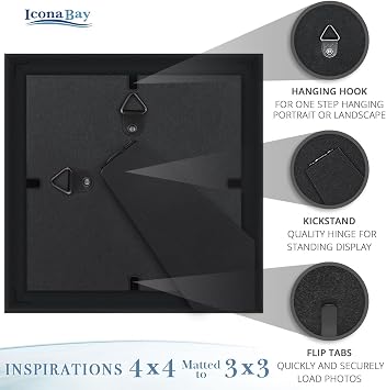 4x4 Picture Frames with 3x3 Mat, Black, 6 Pack, Contemporary, Inspirations