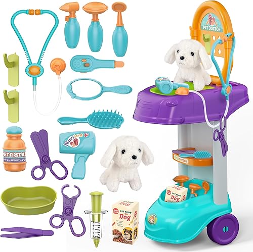 UNIH Carrito de médico veterinario (24 piezas) para niños pequeños de 3 a 5 años, juego médico de simulación con mascota de felpa suave, juego