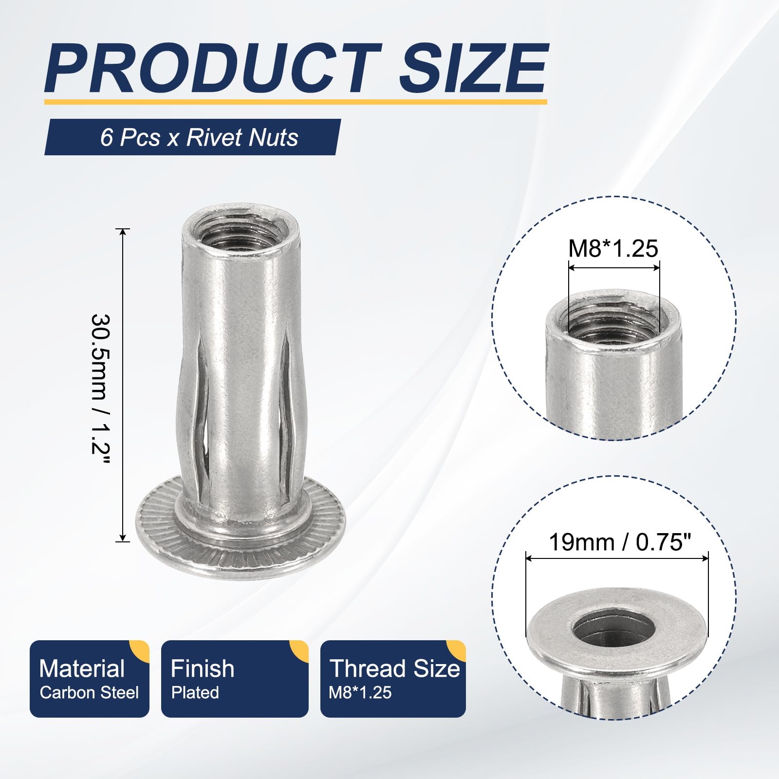 PATIKIL 6 Pcs Multi-Grip Rivet Nuts, M8 Pre-Bulbed Shank Flat Head Threaded Insert Nuts Carbon Steel Plus Nuts for Fastener - Image 2