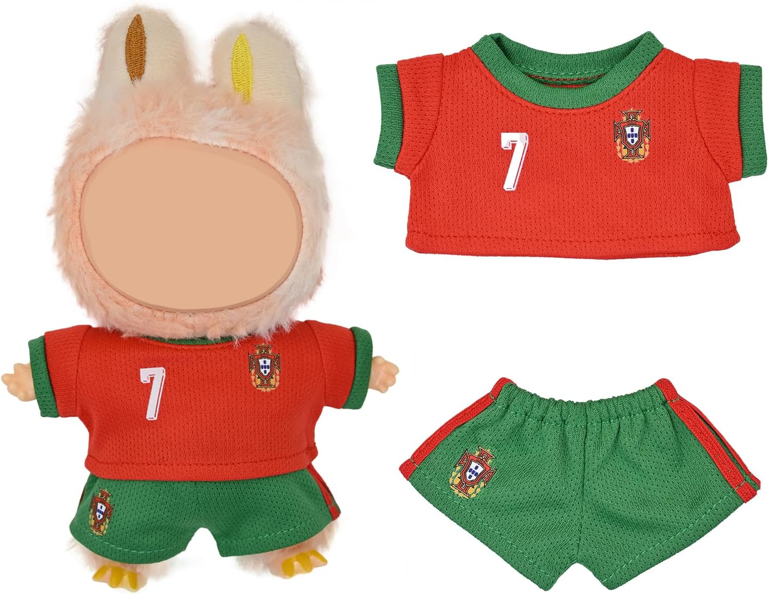 Clothes for labubu Dolls-Sporty Jersey Outfit Set for 17cm Collector Doll, Soccer and Basketball Inspired Athletic Uniform, 2-Piece Display Clothing (Number 7 Red and Green)