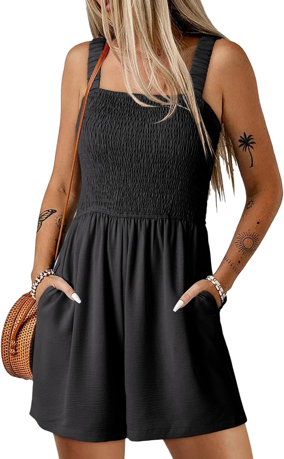 Dokotoo Women's Summer Casual Smocked Rompers Square Neck Sleeveless Loose Shorts Jumpsuits 2026 Beach Vacation Outfits