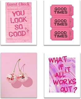 Preppy Pink Trendy Retro You Look So Good Guest Check Good Times Cherry Disco Ball Y2K Wall Art Poster Prints Print For Bedroom Dorm Decor,Funky Decorations Prints Unframed 8x10 Inches Set of 4 (red)