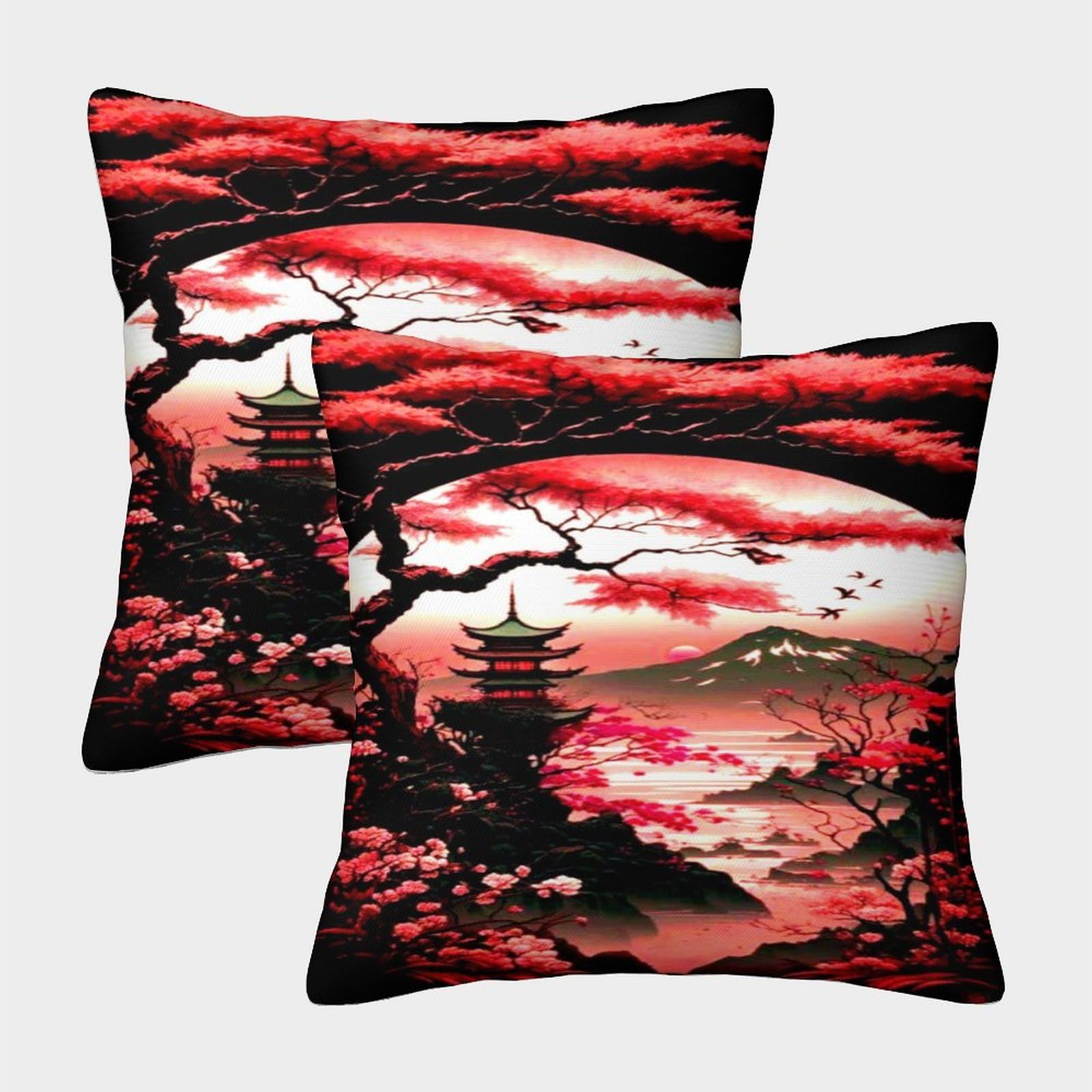 Japanese Architecture Cushion Cover 2 Pack Decorative Machine Washable Pillowcases Square Pillow Cases with Invisible Zipper Cushion Covers For Livingroom Sofa Bedroom Throw Pillow Cases 40x40cm
