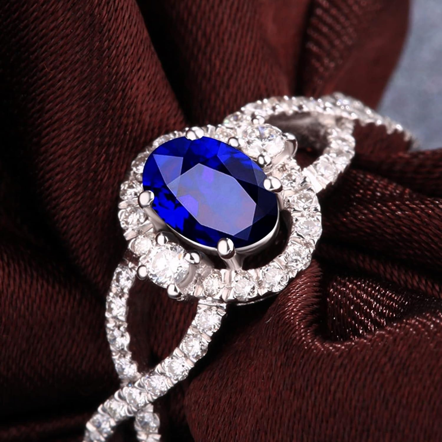 Engagement Ring 18K White Gold, Charm Ring Blue Silver Blue VVS1 Hollow Twisted Blue Oval Sapphire Jewelry Ring Wedding Gifts for Women
