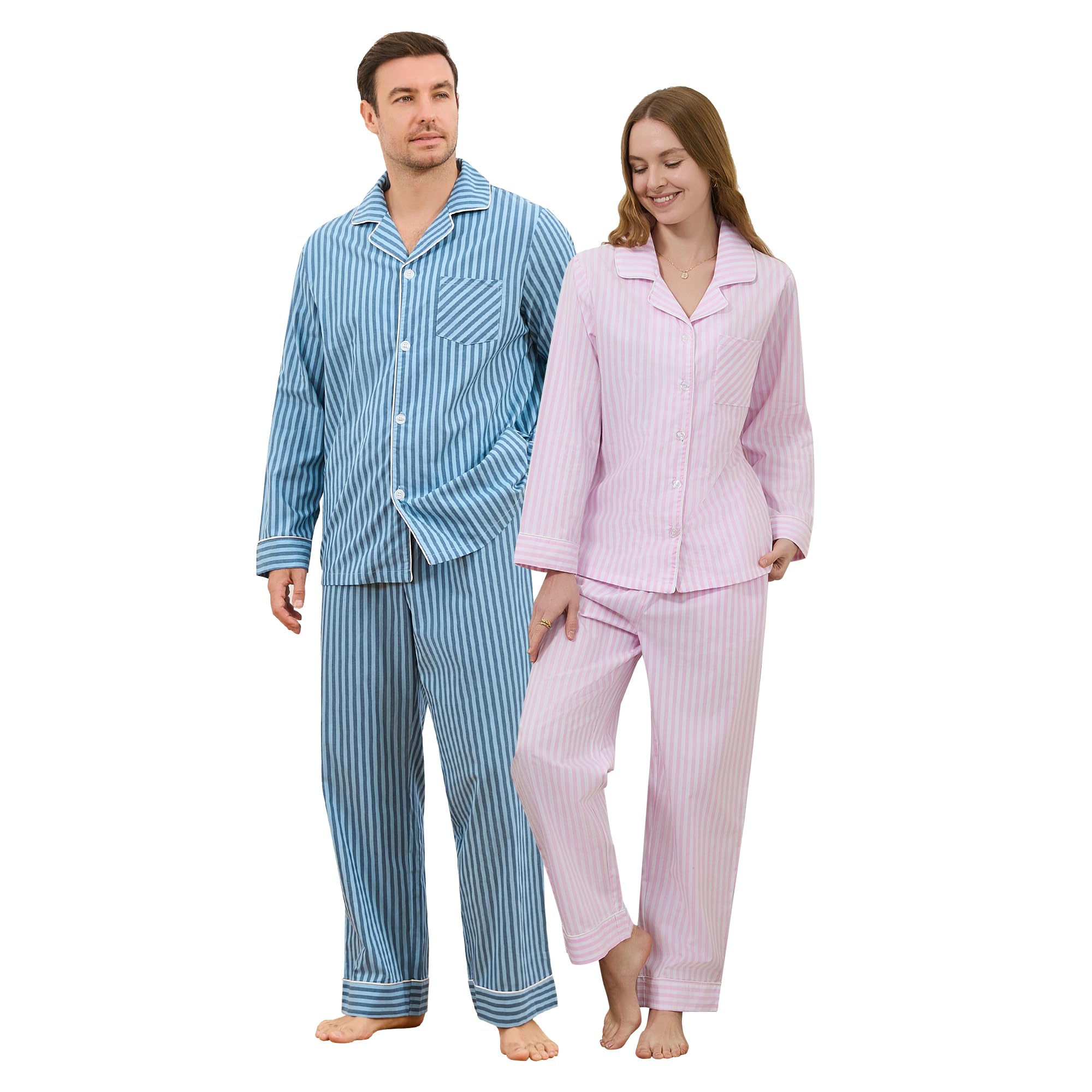 Couple Pajama Sets, Soft Cotton Button-Down Striped Pajamas for Men and Women Long Sleeve Sleepwear with Pockets-image-23