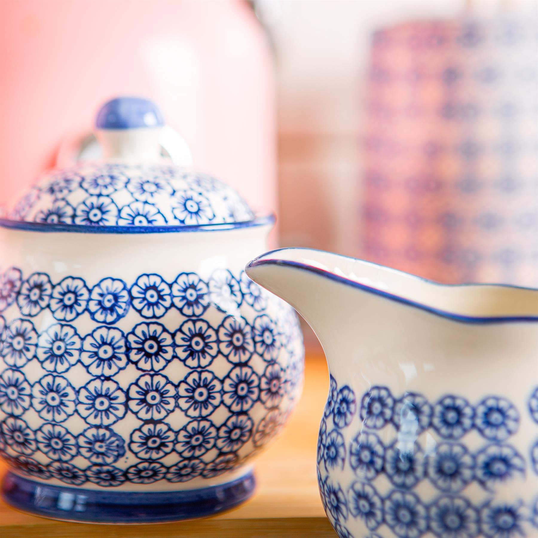 Jarrón de leche con diseño 300ml y juego de olla/tazón de azúcar - Estampado de flores azul
