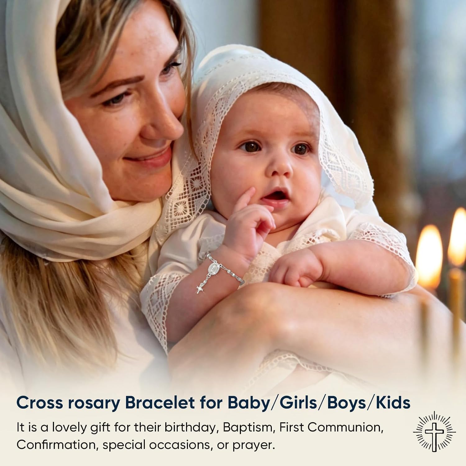 Dainty Rosary Cross Bracelet for Kids : Y Chain Virgin Mary Crucifix Bracelets for Babies Girls Boys Christian Catholic Baptism Holy First Communion Gifts for Toddler Children, Silver/Gold Plated