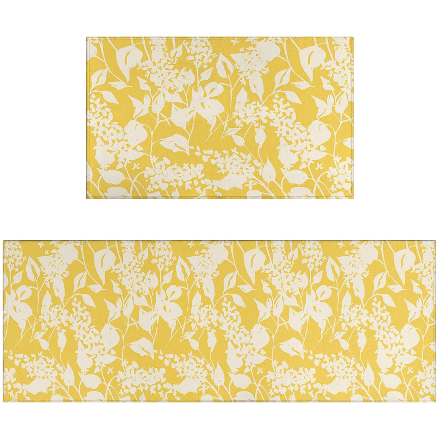 Ideasonna Yellow Floral Kitchen Rug Mat Spring Country Kitchen Rugs Sets of 2 Washable Kitchen Floor Mats Non-Slip Yellow Kitchen Decor