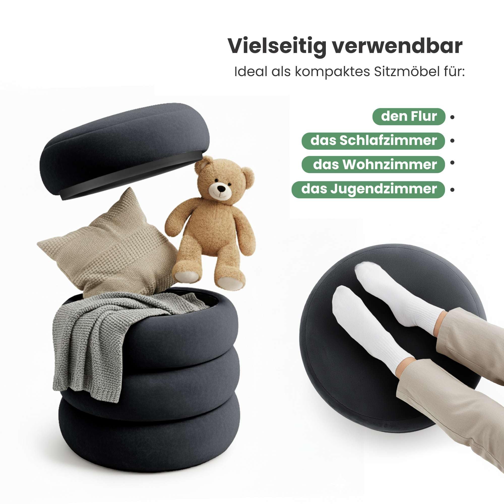 AKORD Sitzhocker aus Samt mit Stauraum SNUGGO 42 cm, Fußstütze Rund, Polsterhocker für Schminktisch, Schlafzimmer, Wohnzimmer Möbel, Make-up-Hocker, Gepolstert, Schwarz
