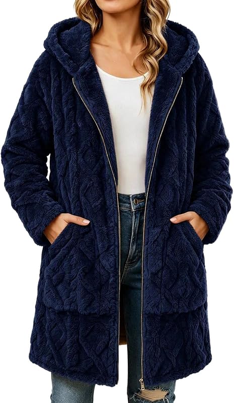 campera Sherpa de gran tamaño para mujer, forro polar borroso, con cremallera, bolsillo